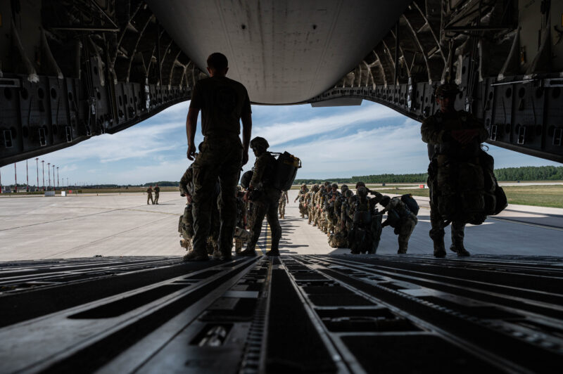US 82nd Airborne Division paratroopers preparing for Middle East deployment at airbase