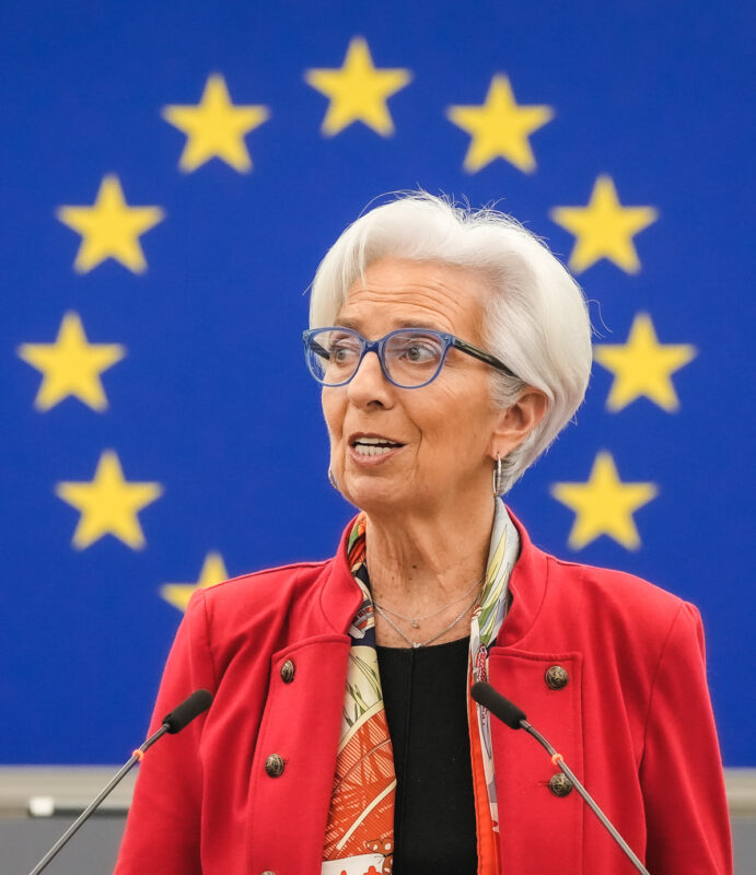 Christine Lagarde ECB press conference Frankfurt realistic photo