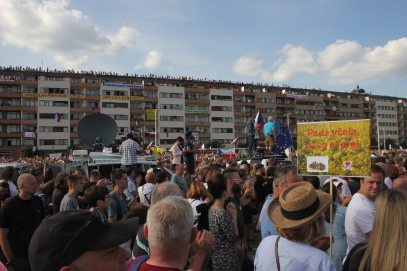Massive peaceful protest crowd in Prague Letna Park ضد government realistic photo