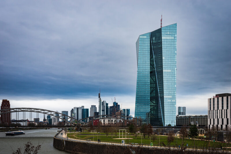 European Central Bank Frankfurt exterior during economic uncertainty realistic scene