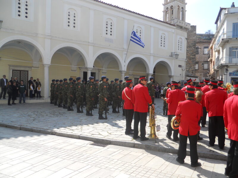 Student parade in central Athens Greece March 25 celebration with Greek flags