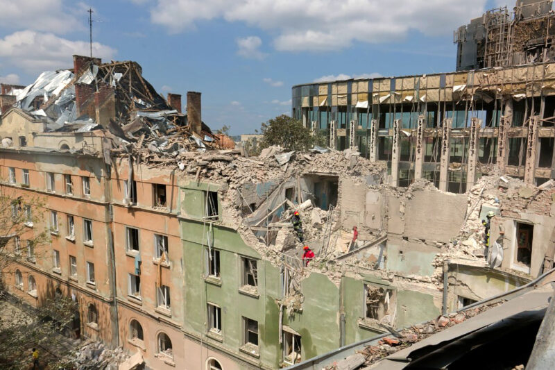 Damaged residential building in Lviv after drone strike near historic UNESCO area