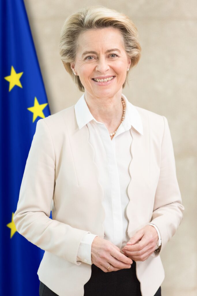 Ursula von der Leyen speaking at EU summit about Cyprus security with EU flags
