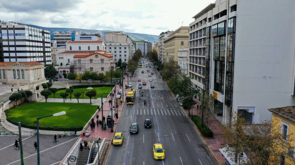 Student parade in central Athens near Syntagma Square with traffic restrictions and police presence