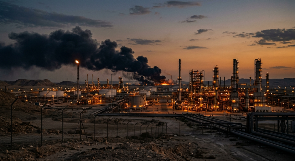 Middle East energy facilities after missile strike refinery smoke dusk
