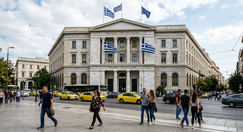 Bank of Greece building in Athens exterior daytime with Greek flags