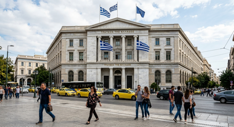 Bank of Greece building in Athens exterior daytime with Greek flags