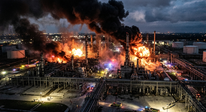 Oil refinery hit by missile strike at night with fires and explosions