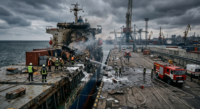 Damaged grain cargo ship after drone attack in Odesa port with emergency crews