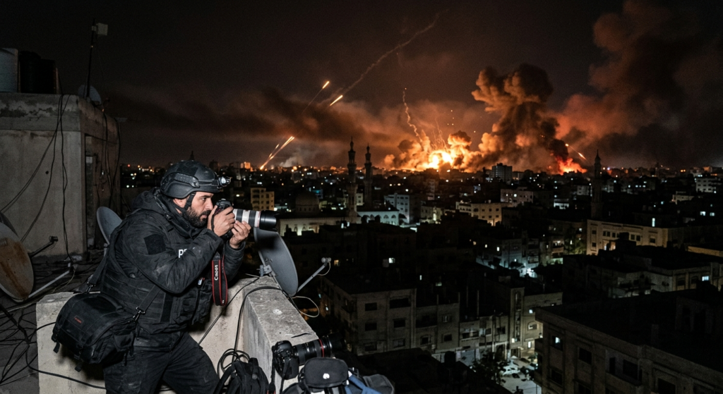Airstrikes over Middle Eastern city at night with explosions and smoke