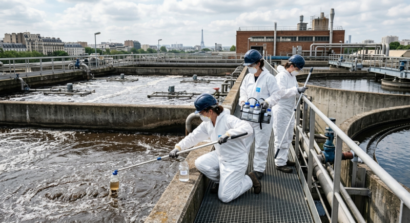 Scientists collecting wastewater samples in European city treatment plant for drug analysis