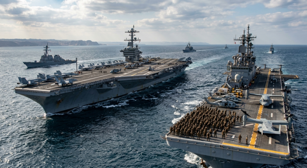 US Navy carrier strike group and amphibious ships deployed in Middle East waters