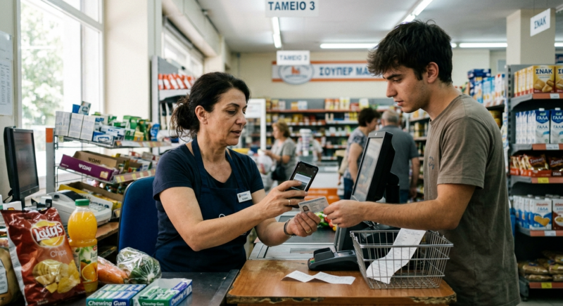 Retail cashier in Greece verifying customer age with smartphone app for alcohol purchase