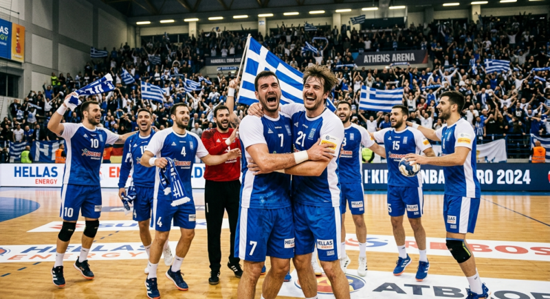 Greece national handball team celebrating win against Belgium in indoor arena