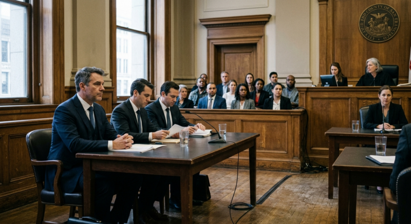 San Francisco courtroom during Elon Musk trial with jury and lawyers