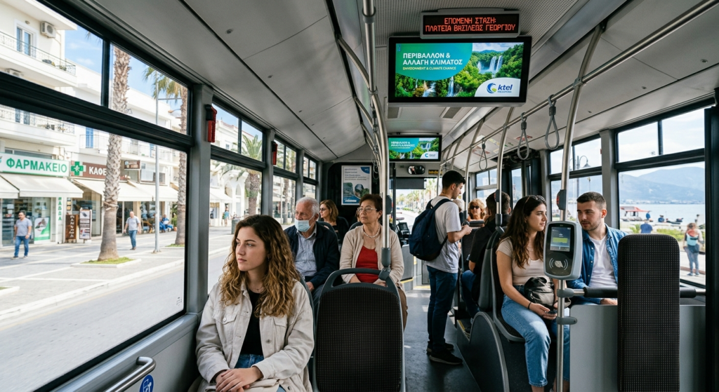 Passengers in Kalamata city bus viewing climate change information on digital screens