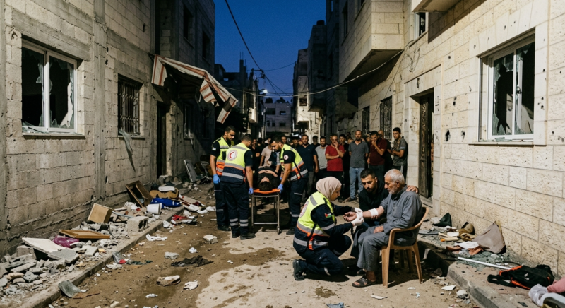 Damaged Palestinian neighborhood after settler raid with debris and injured civilians