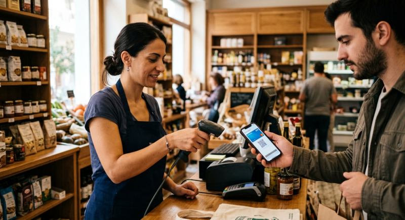 Greek cashier verifying age using smartphone digital wallet app in retail store