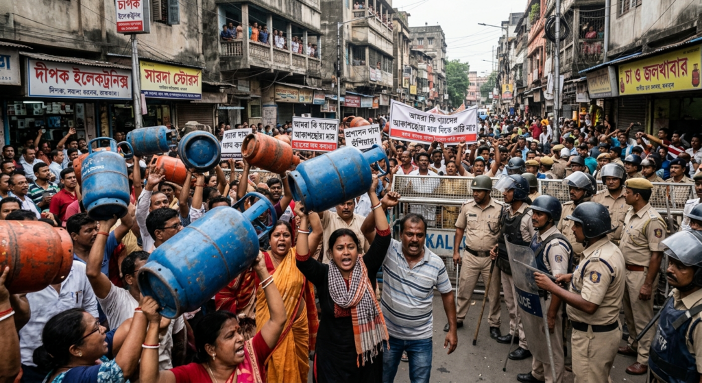 Protesters in Bihar India holding empty LPG cylinders during fuel shortage crisis