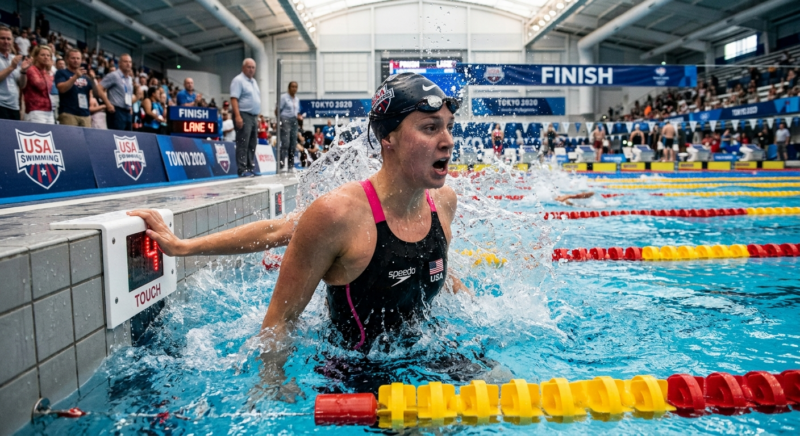 Greek swimmer Artemis Vasilaki finishing 400m freestyle race in Paris indoor pool