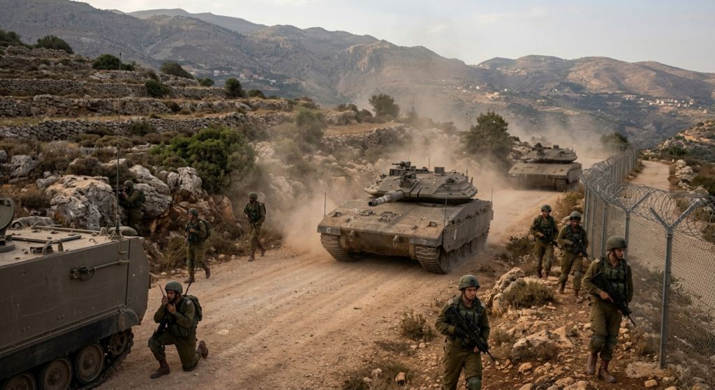 Israeli soldiers and armored vehicles near Israel Lebanon border during military operations