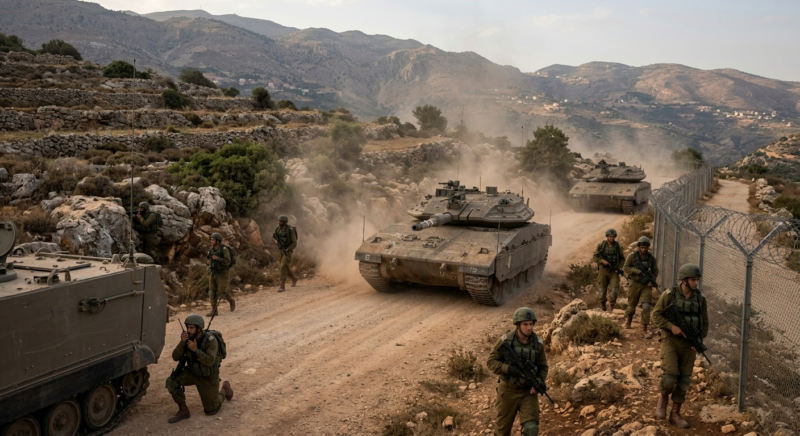 Israeli soldiers and armored vehicles near Israel Lebanon border during military operations