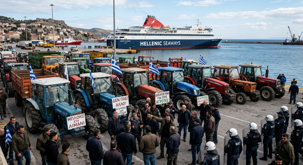 Greek farmers blocking Mytilene port with tractors during protest in Lesbos