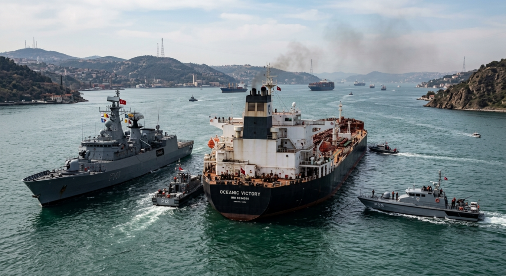 Oil tanker توقف in Strait of Hormuz with military presence during energy crisis