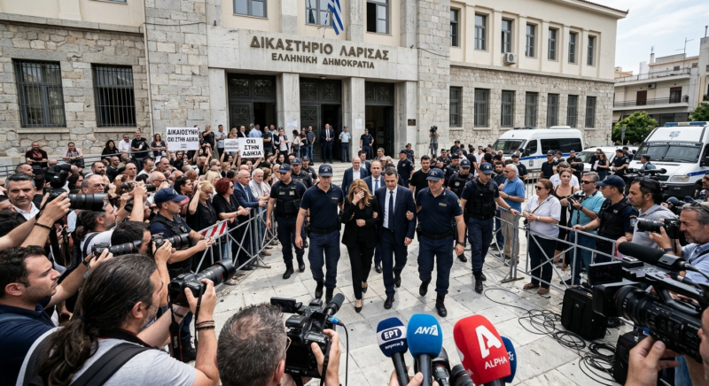 Larissa courthouse during Tempi train crash trial with police and media উপস্থিত