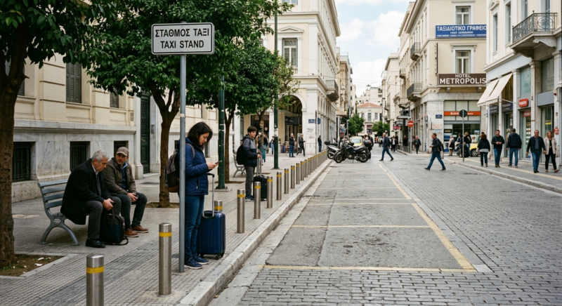 Empty taxi stand in Athens during nationwide taxi strike with commuters waiting