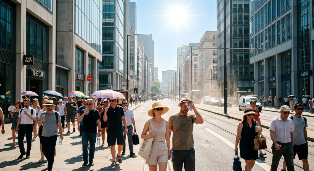 Heatwave in city with people walking under intense sun climate change