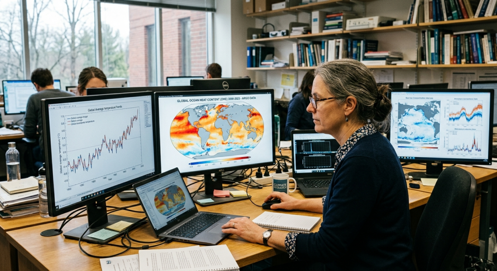 Climate scientist analyzing global warming data and ocean heat maps on screens