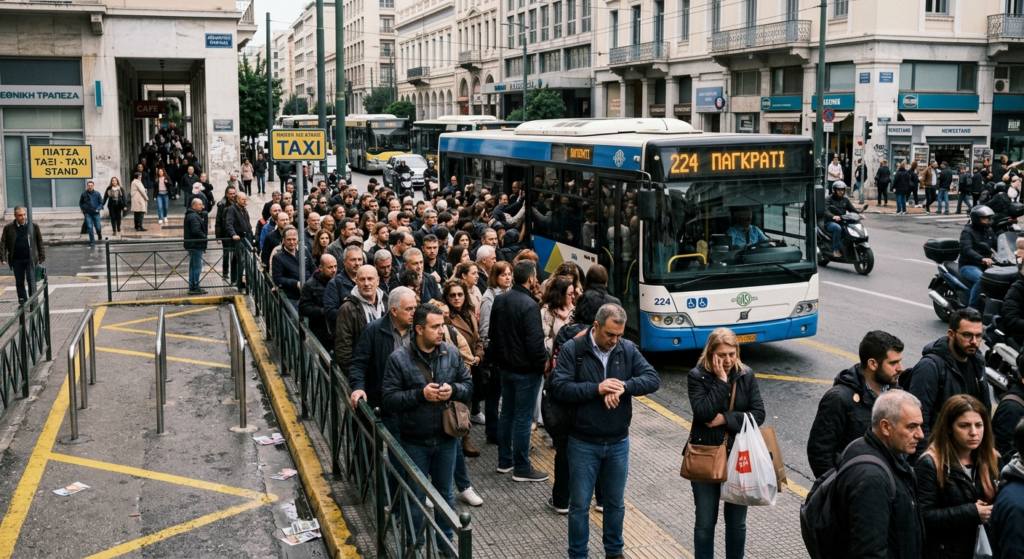 Empty taxi stand in Athens during taxi strike with commuters waiting
