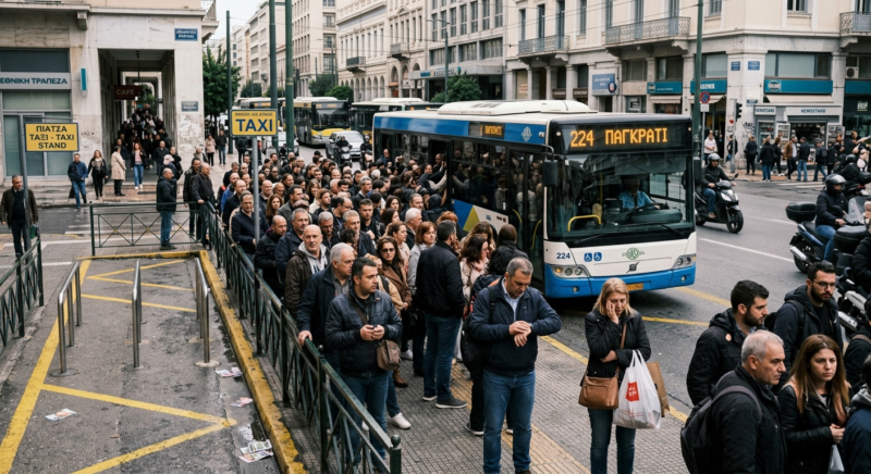 Empty taxi stand in Athens during taxi strike with commuters waiting