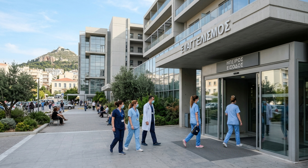 Modern healthcare facility in Thessaly Greece exterior with medical staff