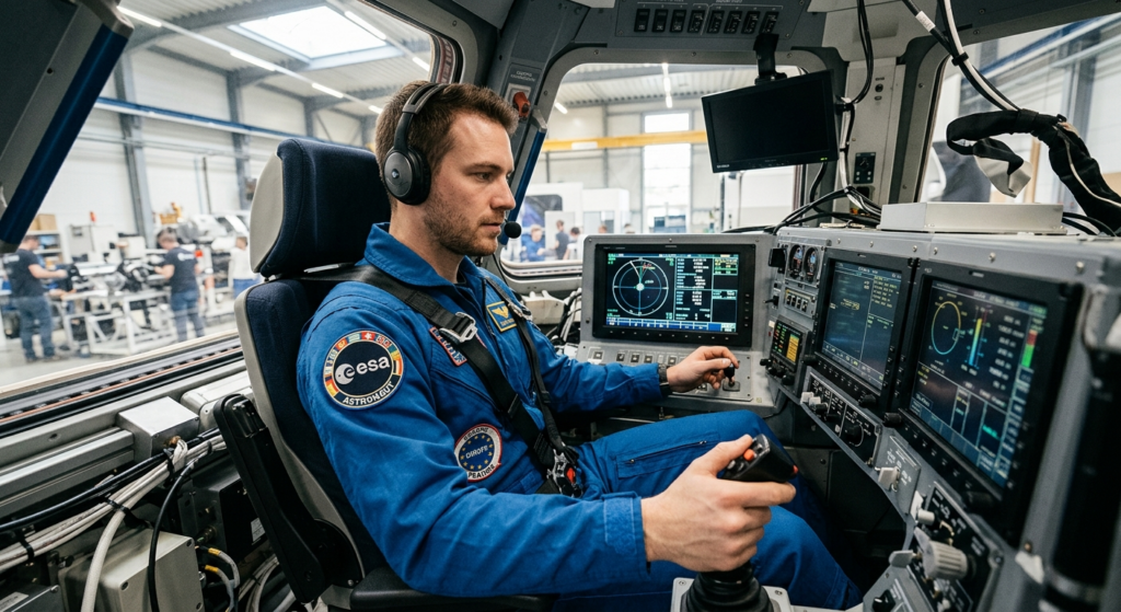Greek astronaut candidate training at ESA facility wearing flight suit