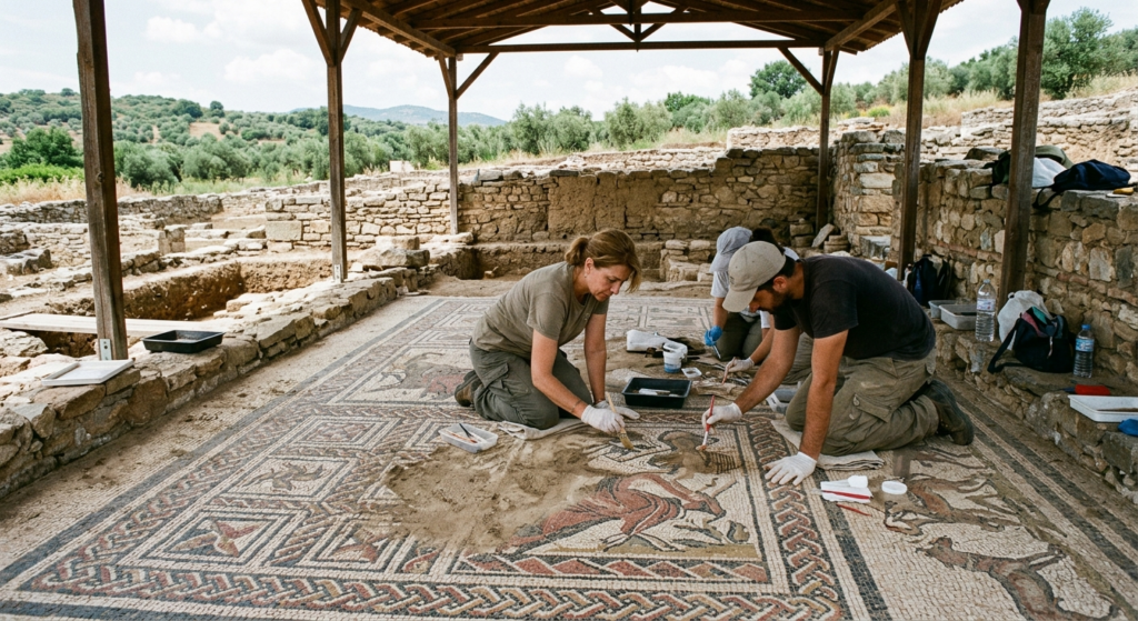 Archaeologists restoring ancient Roman villa mosaic in Amyntaio Greece