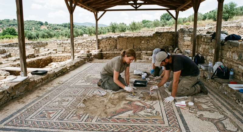 Archaeologists restoring ancient Roman villa mosaic in Amyntaio Greece