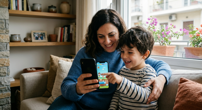 Parent and child using smartphone for digital age verification in Greece