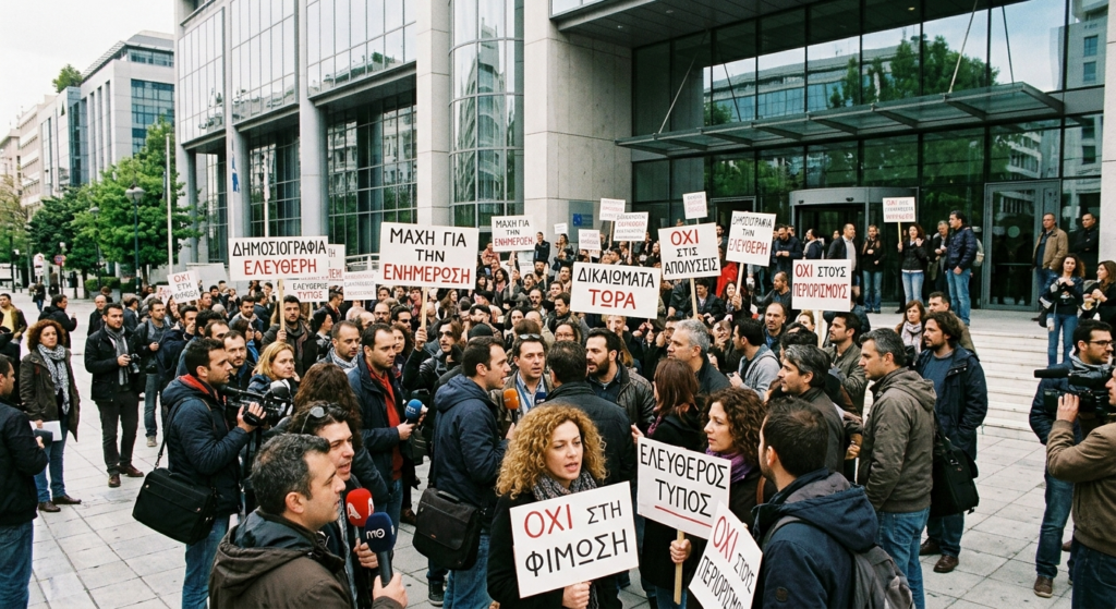 Journalists protesting outside ABC building during strike over wages and AI concerns